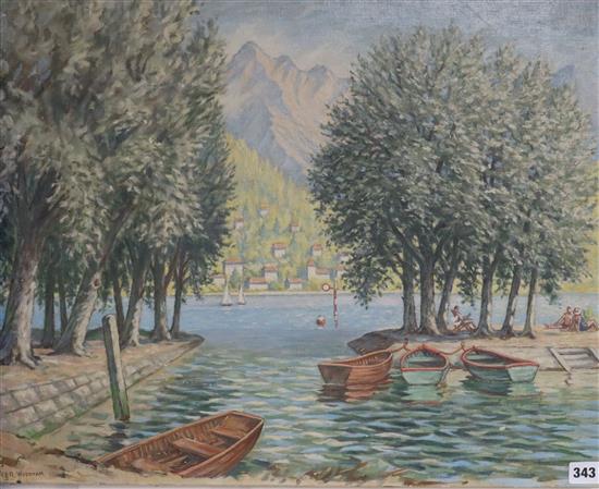 R. Woodnam, oil on canvas, Italian lake scene, signed, 51 x 61cm, unframed